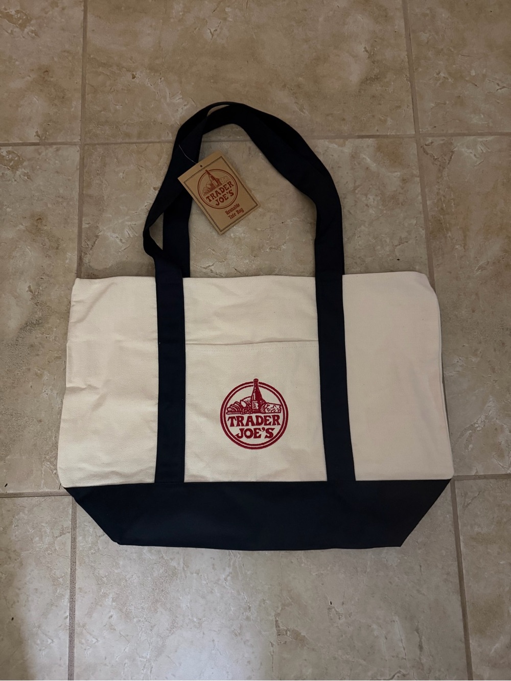 Trader Joe's Canvas Tote with Navy Trim and Red Logo